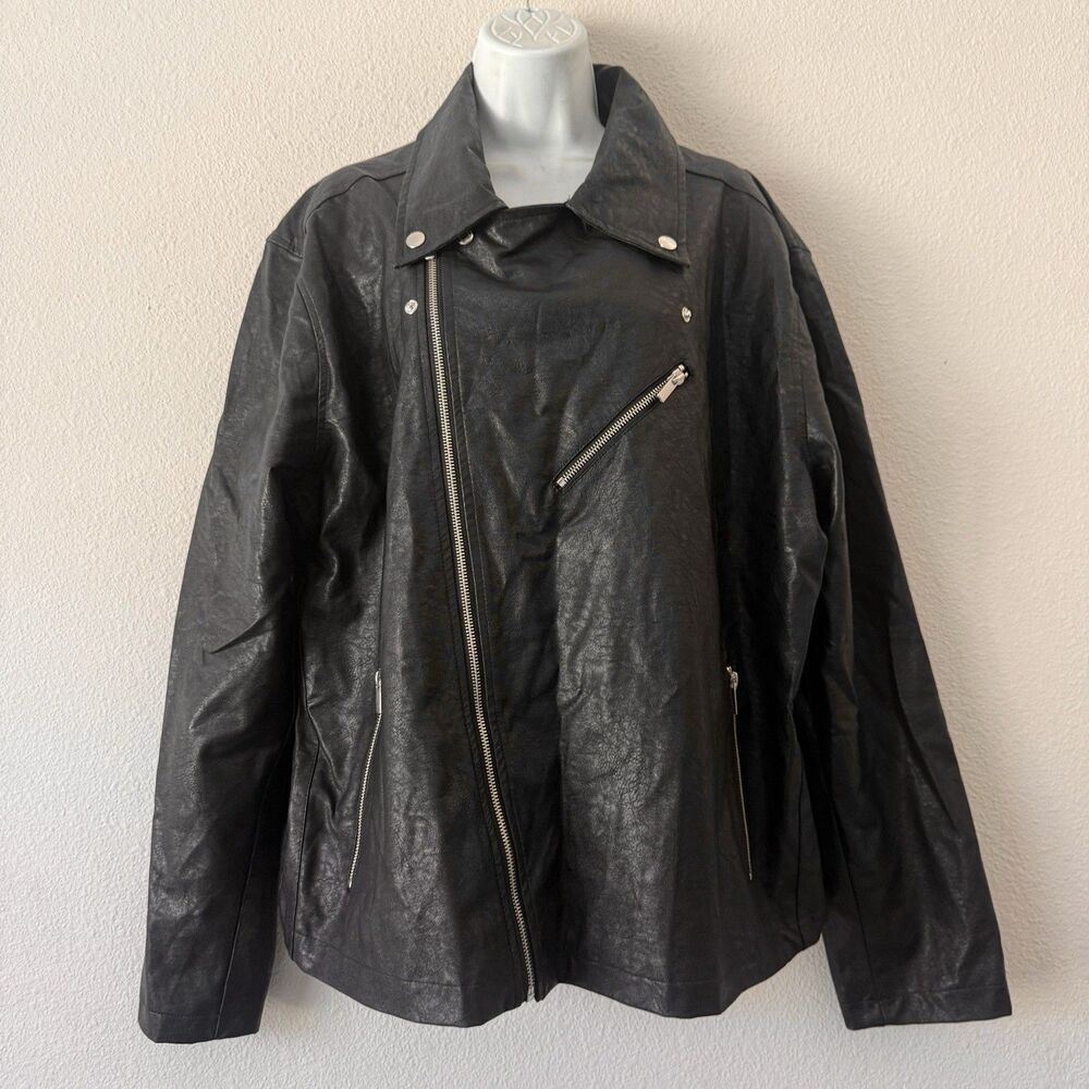 Spirit Black Faux Leather Moto Jacket Plain Back Punk Goth Rocker Biker Coat XL